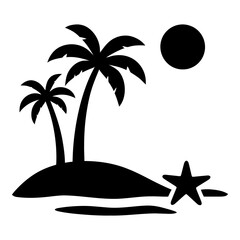 Illustration of black silhouette of palm trees on a small island with a starfish