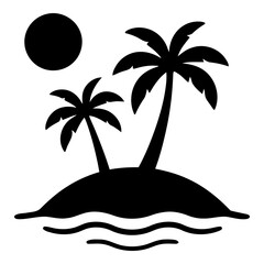 Illustration of black silhouette of two palm trees on a small island with sun