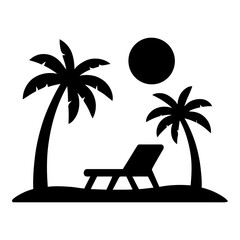 Illustration of black silhouette of a beach scene with palm trees and lounge chair