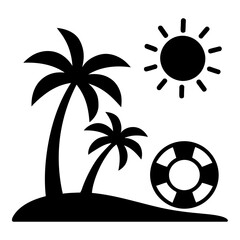 Illustration of black silhouette of palm trees and beach accessories
