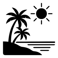 Illustration of black silhouette of tropical island with palm trees and sun