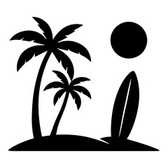Illustration of black silhouette of palm trees and surfboard on island with sun