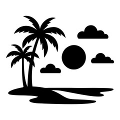 Illustration of black silhouette of palm trees on an island with sun and clouds