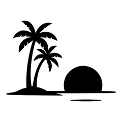 Illustration of black silhouette of two palm trees on an island at sunset