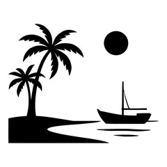Illustration of black silhouette tropical island scene with palm trees and sailboat on calm water at sunset