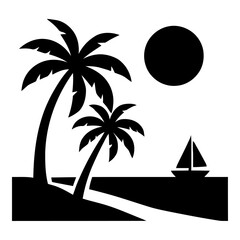 Illustration of black silhouette of palm trees and sailboat