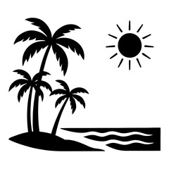 Illustration of black silhouette of palm trees on an island with sun and sea