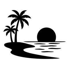 Illustration of black silhouette of tropical island with palm trees at sunset