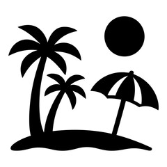 Illustration of black silhouette of palm trees and beach umbrella