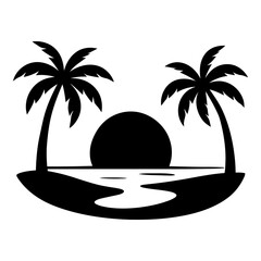 Illustration of black silhouette of tropical island with two palm trees at sunset