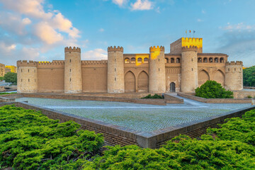 Medieval Aljafer&iacute;a Palace at sunrise in Zaragoza, Spain