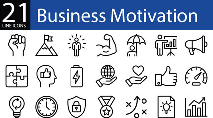 Business motivation line icon set in outline style, success, teamwork, innovation, growth, and achievement