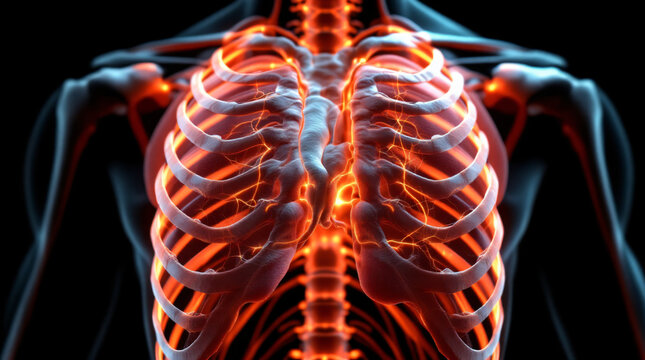 Scientific illustration of human rib cage and glowing nerve pain impulses, 3D render.