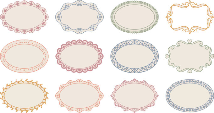Vintage oval lace frames, frill, scallop, wavy set. Whimsical wedding or valentine decor borders. Hand drawn victorian vector decorative elements