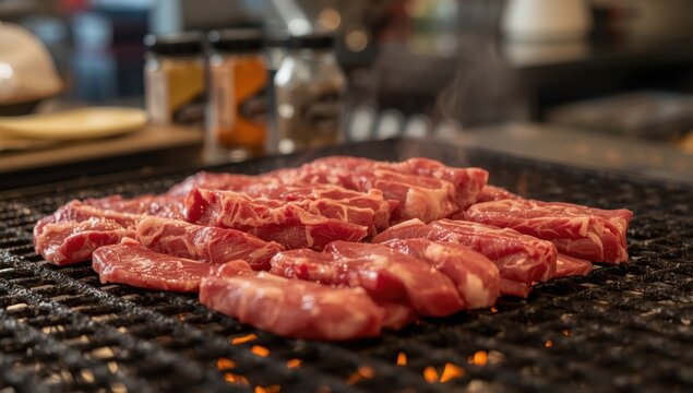 Cooking raw red beef on a hot grill for a tasty cheesesteak or taco