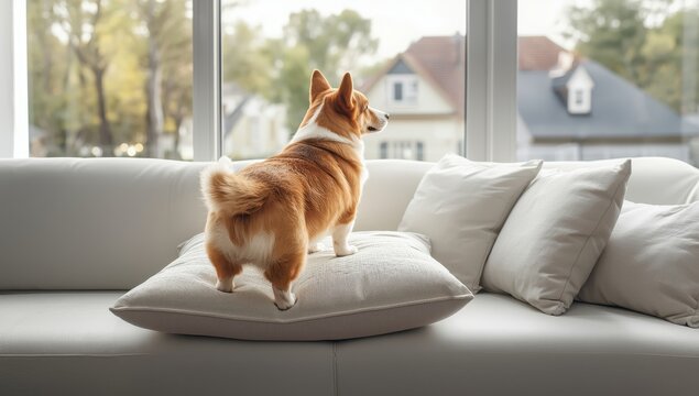 Corgi on a cushion gazing out a window indoors