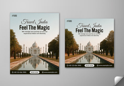 Editable Explore India Travel Social Media Post Template Set with Taj Mahal Reflection Pool Background and Feel The Magic Message for Tour Promotion.