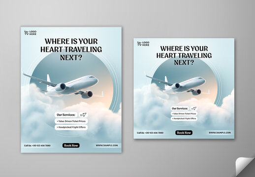 Editable Flight Booking Social Media Post Template Set with Airplane in Cloud Sky Background and Travel Question Headline for Travel Agency Promotion Offer.
