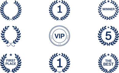 Collection of navy blue laurel wreath awards and badges