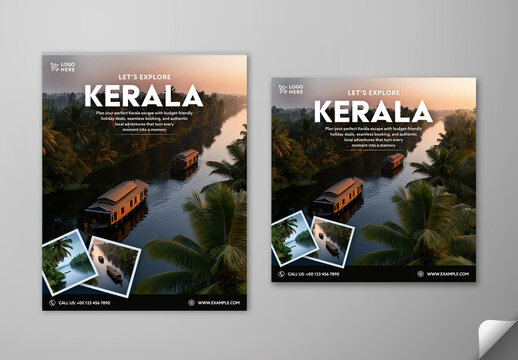 Editable Explore Kerala Travel Social Media Post Template Set with Houseboats on Water at Sunset and Tropical Landscaping Background for South India Tourism Promotion.