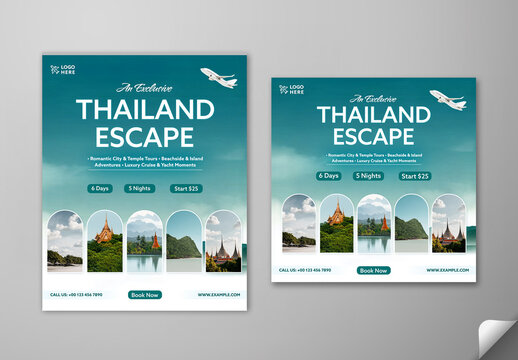 Editable Thailand Travel Social Media Post Template Set with Temple Tours, Beachside Adventures and Luxury Yacht Moments for Tourism Package Promotion.
