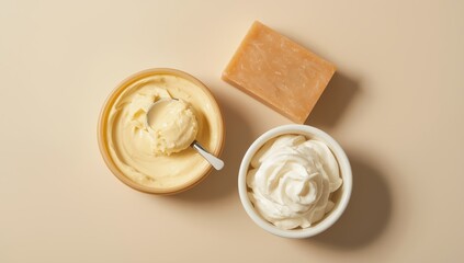 Creamy shea butter and soap against a pale backdrop