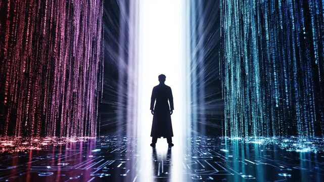 A figure stands at the threshold of a futuristic digital corridor with vibrant data streams and neon lights