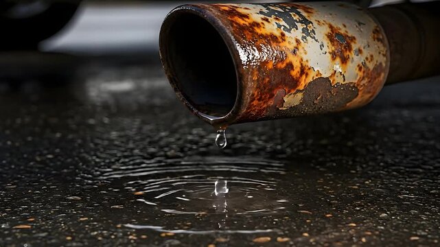 Close up of a rusted exhaust pipe on a car with water dripping onto the wet asphalt ground creating ripples and reflecting light on a cloudy day