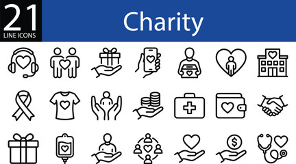 Fototapeta premium Charity line icons set, outline vector collection, donation, volunteer, heart, medical aid, and fundraising