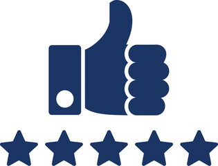 Dark blue thumbs up with five stars rating approval