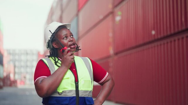 Professional Black female logistics worker in a safety vest and hard hat communicating via walkie-talkie at a shipping container terminal. Concept of diversity, inclusion, and industrial communication