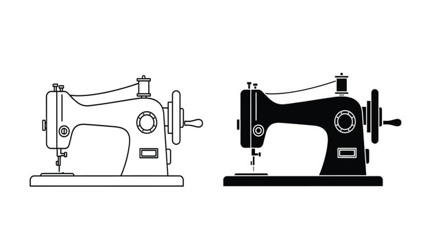 Two sewing machines in black and white line art and solid black