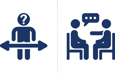 Person with question mark and arrows and two people talking