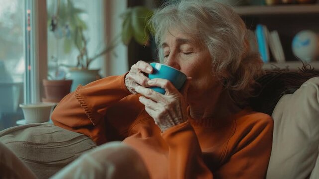 A cozy featuring an elderly woman relaxing on a couch with a cup of tea or coffee. The setting is domestic and inviting, perfect for showcasing comfort items or lifestyle products.