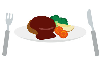 デミグラスハンバーグのイラスト素材（野菜添え・カトラリー付き）