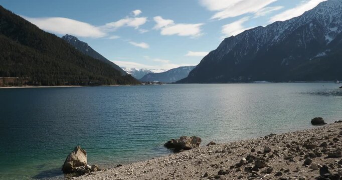 Lake Achen in Austrian Tyrol, surrounded by Rofan and Karwendel mountains. Pertisau to the west, Achenkirch to the north. Maurach and Eben am Achensee, wiesing to the south and Zillertal valley 