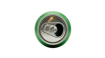 Naklejka premium Top view of a green beverage can with a pull tab and a shiny metallic surface on a clean white background cutout