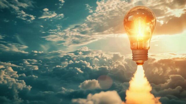 Abstract depicting a lightbulb soaring through the sky, symbolizing creativity and enlightenment amidst dramatic cloud formations.