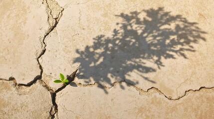Small plant growing through cracked dry soil, resilience and climate change concept.