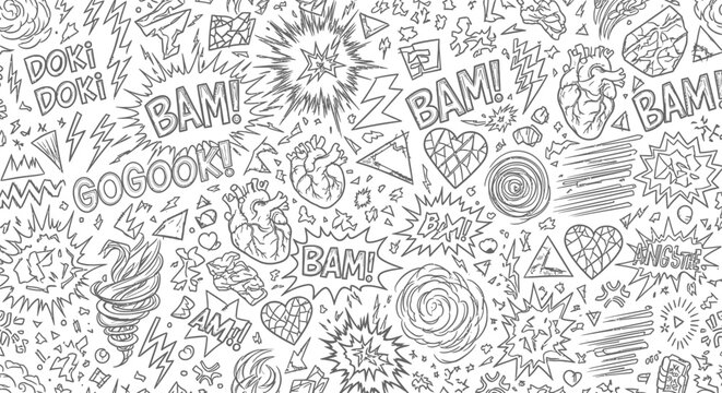 doodle seamless pattern featuring comic book sound effects human hearts and brains expressing anxiety stress and excitement.