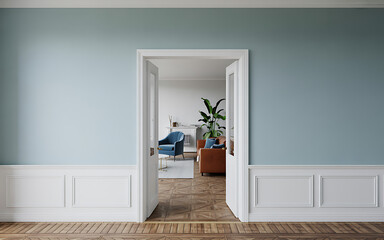 Fototapeta premium Grand Double Door Entryway to a Modern and Elegant Living Room Interior with Blue and Brown Furnishings on a Parquet Floor
