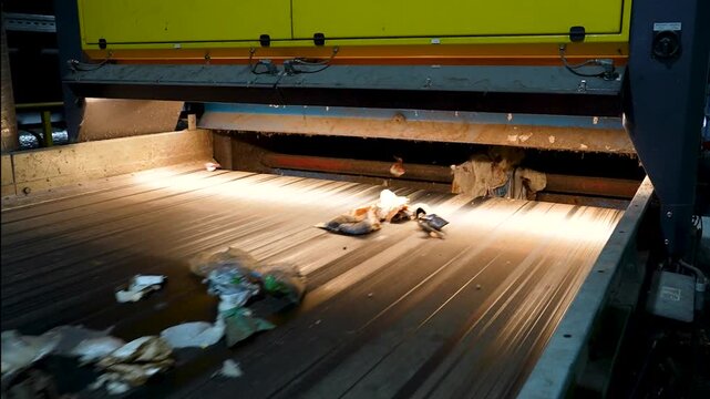 Line with municipal waste on a conveyor belt in Waste energy plant. high-speed optical converter screener. Recycling, sustainable energy, waste management, environmental protection.