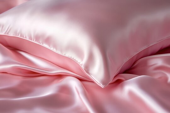 Soft Pink Silk Serenity: A close-up shot captures the luxurious allure of a soft pink silk pillow and bedsheet, its smooth surface inviting comfort and relaxation.
