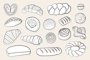 Hand drawn bakery sticker set in monoline style with croissant, baguette, pretzel, donut and bun. Whimsical outline illustration on cream background for planner, packaging and branding design.