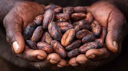 Obraz premium Fresh cocoa beans in farmer hands after opening pod
