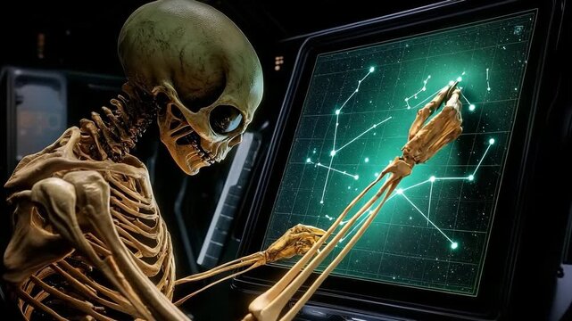 Alien skeleton creating luminous star charts in a futuristic spacecraft at night