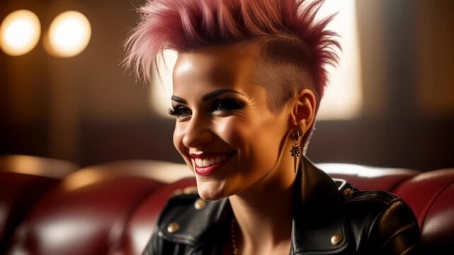 A woman with a striking pink mohawk hairstyle sits on a red leather couch. She wears a black leather jacket, bold makeup, and unique earrings. Her gaze is intense and contemplative