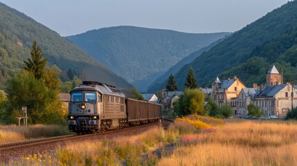 Obraz premium Freight train traveling through a valley village at sunset