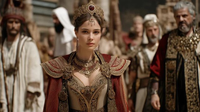 A beautiful medieval Persian queen wears an elegant red and gold dress adorned with rich details, complemented by a delicate tiara that reflects royal grace and authority.