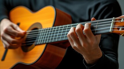 Fototapeta premium Guitarist's Melodic Embrace: A musician's hands dance across the fretboard of an acoustic guitar, creating a symphony of sounds.